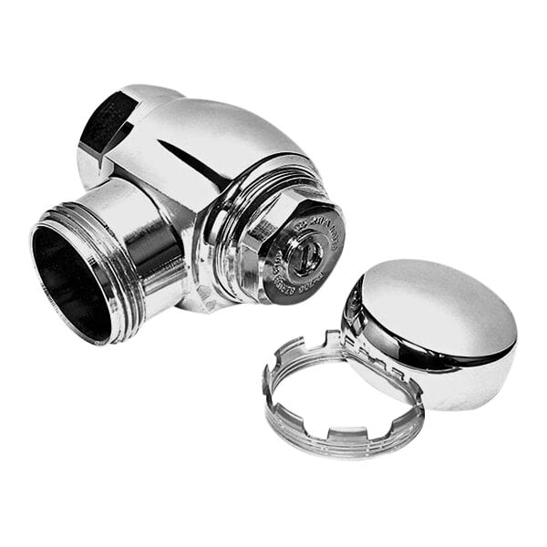 A chrome-plated Sloan angle stop with a silver cap.