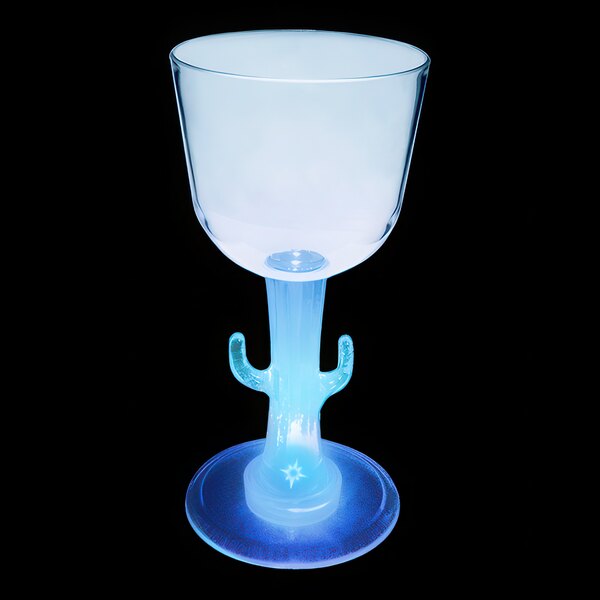 A clear plastic cup with a cactus shaped stem and a blue light at the base.