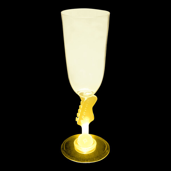A yellow customizable plastic guitar stem champagne cup with a yellow LED light.