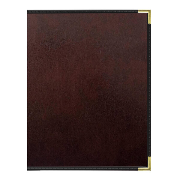 A brown leather H. Risch, Inc. menu cover with black trim.