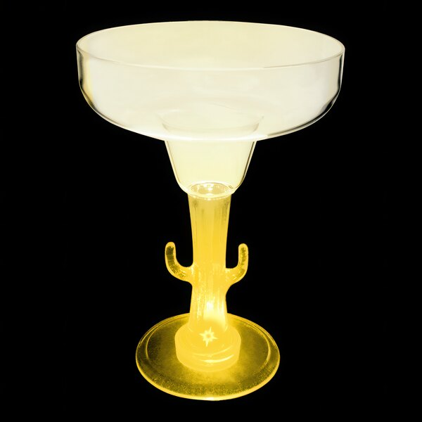 A clear plastic margarita cup with a yellow cactus shaped stem.