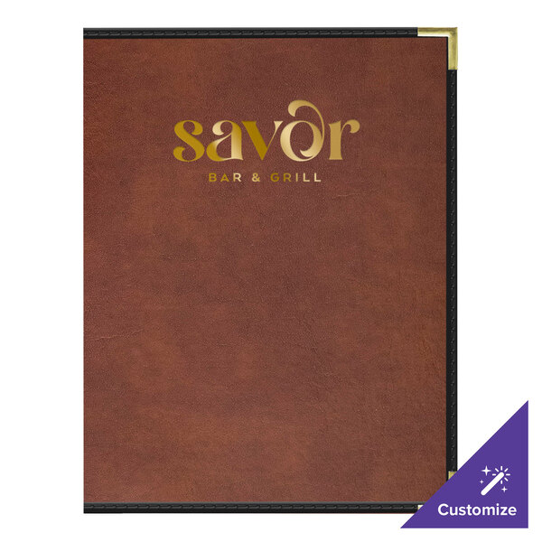 A brown tuxedo leather menu cover with gold text on the front.