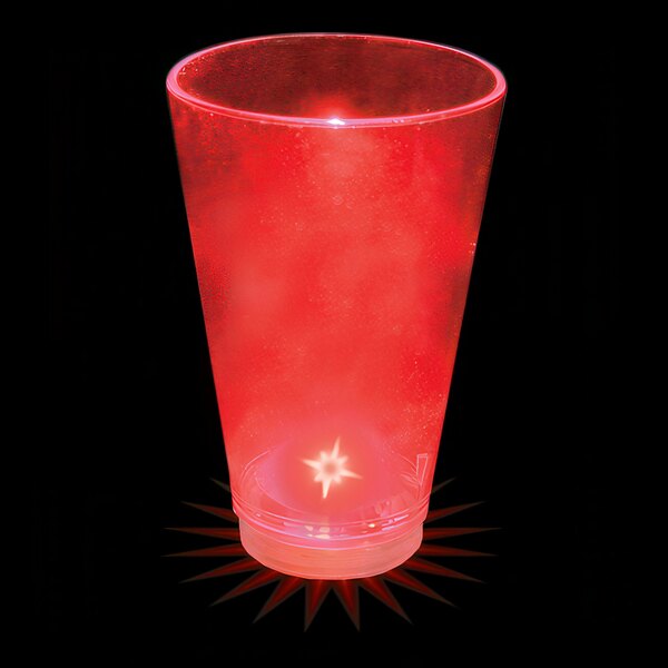 A customizable red plastic shot cup with a red LED light.