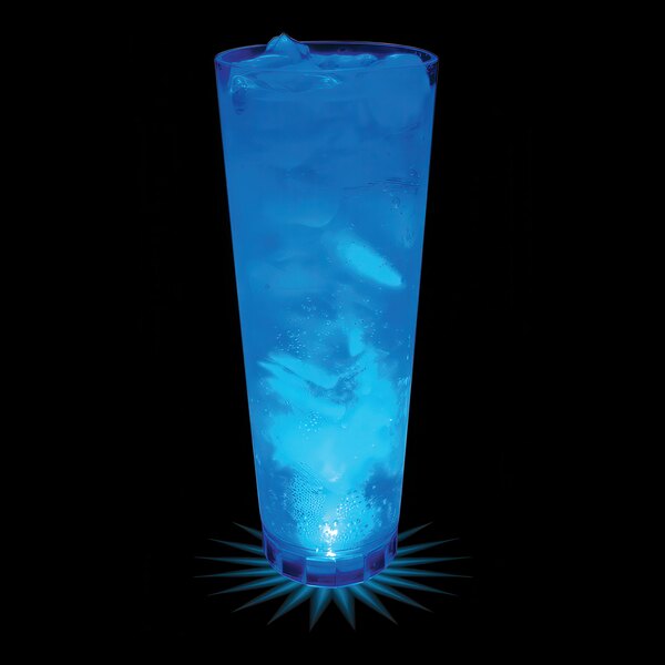 A 24 oz. customizable plastic cup with a blue drink and ice with a blue LED light inside.