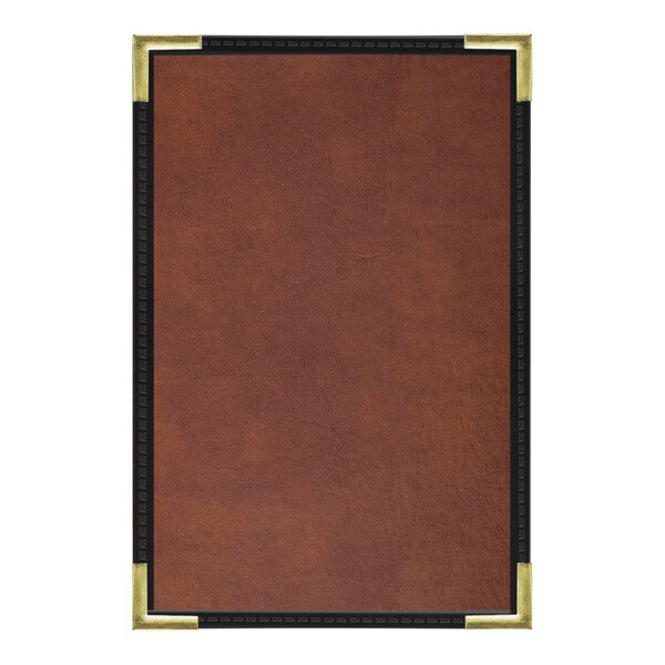 A brown leather menu cover with black border.