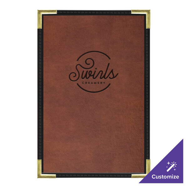 A brown leather H. Risch, Inc. menu cover with black trim.