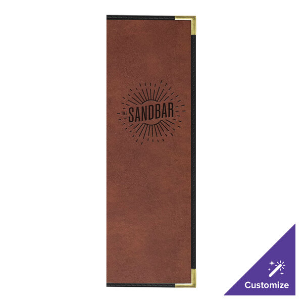 A brown rectangular H. Risch, Inc. leather menu cover with black text.
