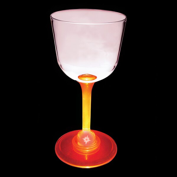 A customizable plastic wine cup with a red rim and yellow LED light.