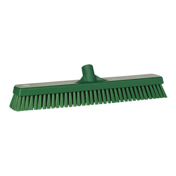 A Vikan green wall/floor scrub head with stiff bristles.