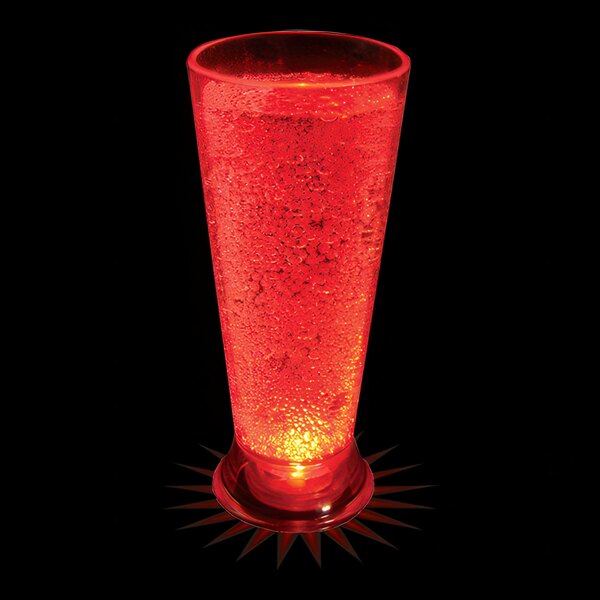 A customizable plastic Pilsner cup with a red LED light inside.