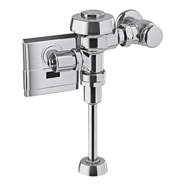 The Sloan Royal chrome urinal flushometer with a metal override button.