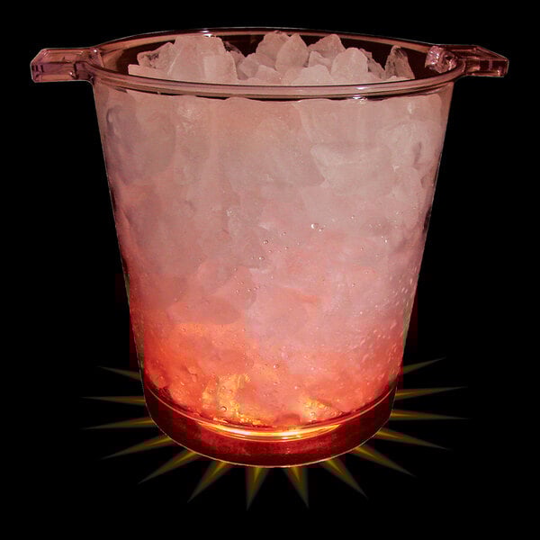 A white customizable plastic ice bucket with orange LED lights filled with ice.