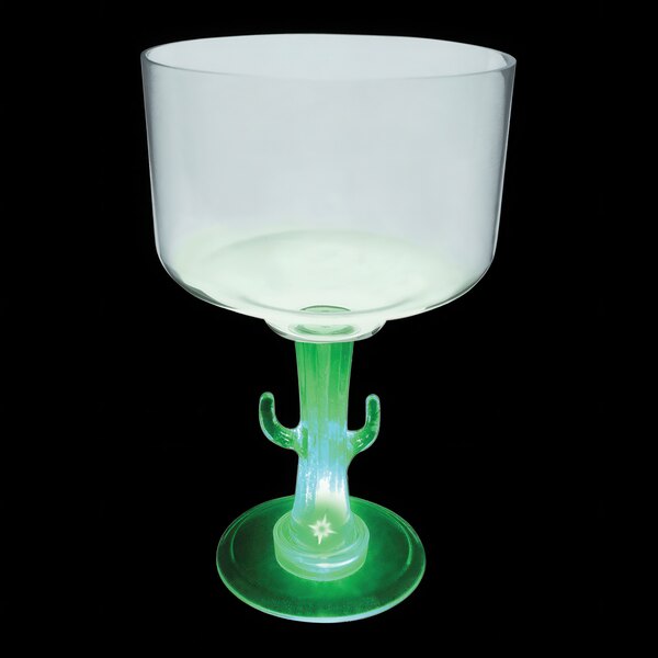 A white plastic margarita cup with a cactus stem and green LED light.