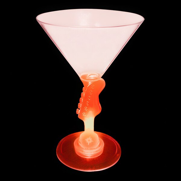 A red plastic martini glass with a guitar shaped stem and a red LED light.