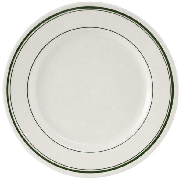 Tuxton TGB-006 Green Bay 6 5/8" Eggshell Wide Rim Rolled Edge China Plate  with Green Bands - 36/Case