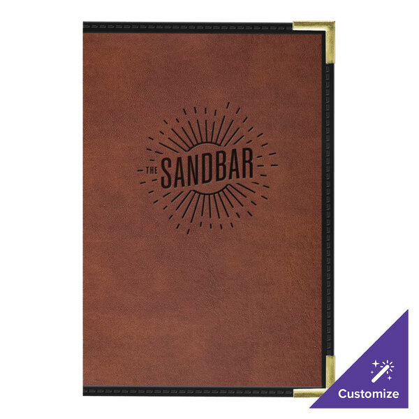 A brown Tuxedo leather menu cover with interior pockets on a table in a bar.