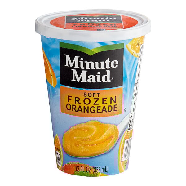 A yellow Minute Maid Soft Frozen Orangeade container.