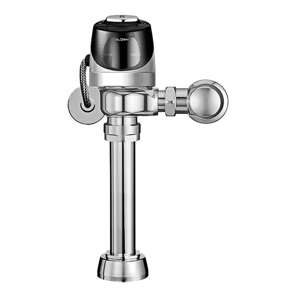 A Sloan chrome dual flush exposed sensor water closet flushometer with a black sensor.