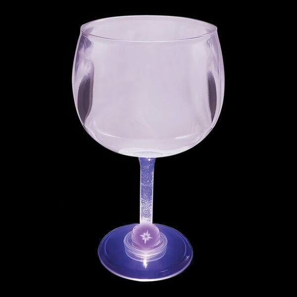 A customizable plastic goblet with a purple rim and blue stem with a purple LED light inside.
