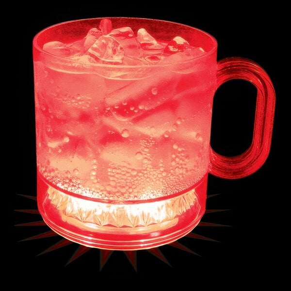 A customizable plastic mug with a red LED light filled with a drink and ice.