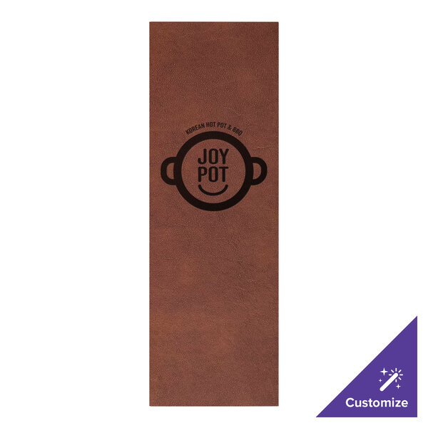 A brown rectangular H. Risch, Inc. Tuxedo leather menu cover with picture corners.