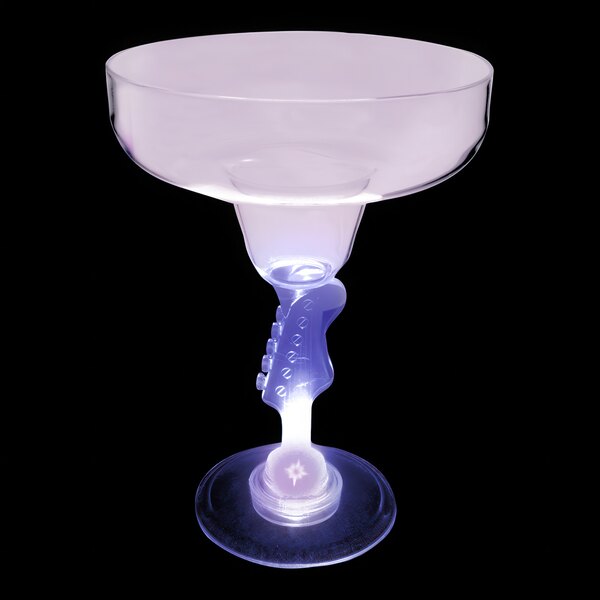 A close-up of a 12 oz. plastic margarita cup with a light up guitar stem.