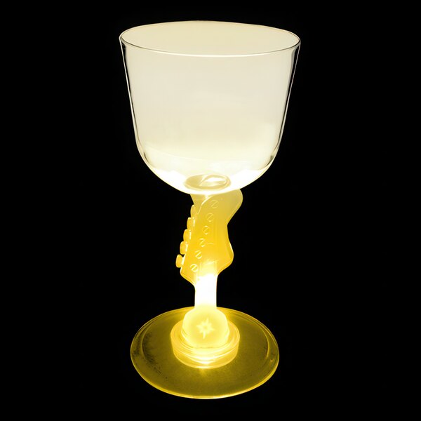 A customizable plastic wine cup with a guitar shaped stem and a yellow LED light inside.