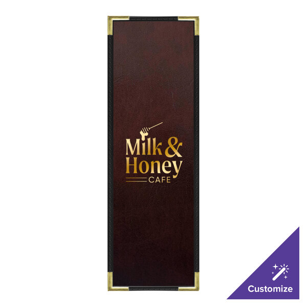 A brown rectangular Wine Tuxedo Leather menu cover with an interior pocket.
