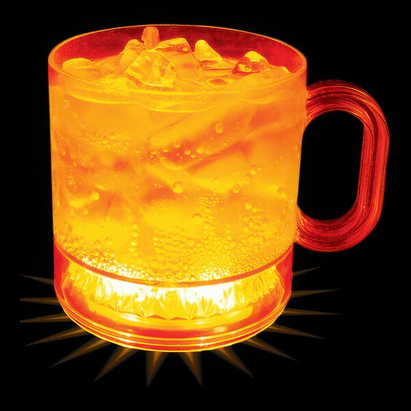 A customizable plastic mug with a drink and ice inside, lit up with an orange LED light.
