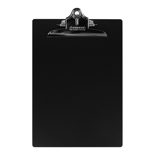 A black rectangular Saunders clipboard with a metal clip.