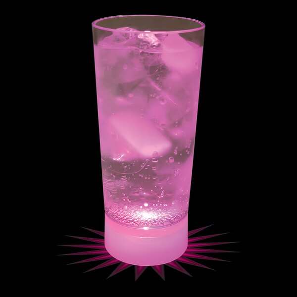 A customizable plastic cup with a pink LED light filled with pink liquid and ice.