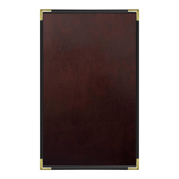 A close-up of a brown leather H. Risch, Inc. Wine Tuxedo Menu Cover.
