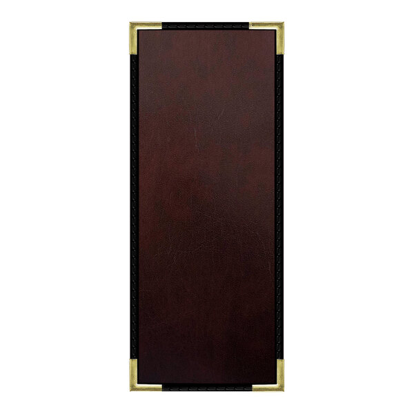 A customizable brown leather menu cover with gold corners and an interior pocket.