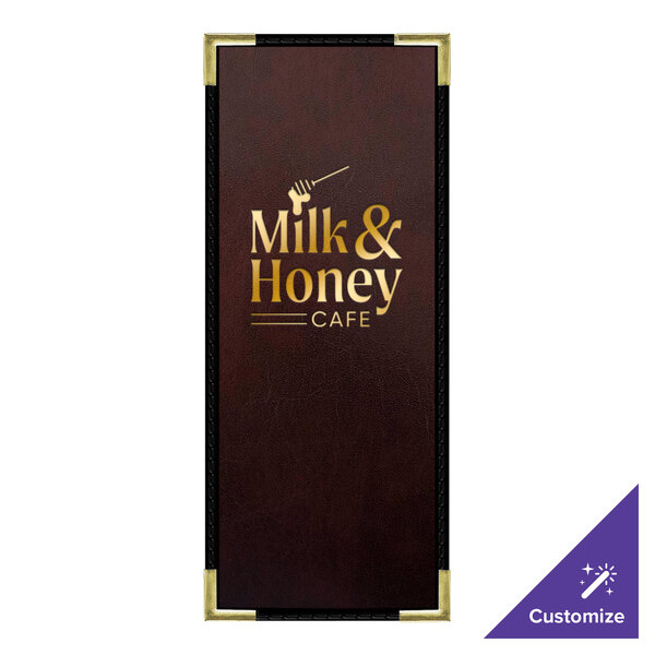 A brown leather H. Risch, Inc. menu cover on a table with the Milk & Honey Cafe logo.