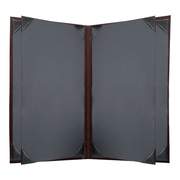 A grey rectangular H. Risch, Inc. wine menu cover with a brown leather border and picture corners.