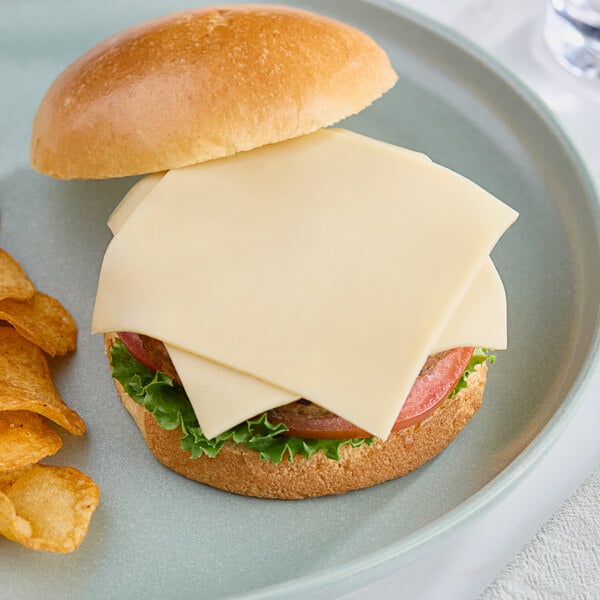 A cheese burger with Daiya Vegan Swiss Cheese and chips on a plate.