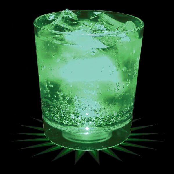 A 6 oz. clear plastic rocks cup with a green LED light.