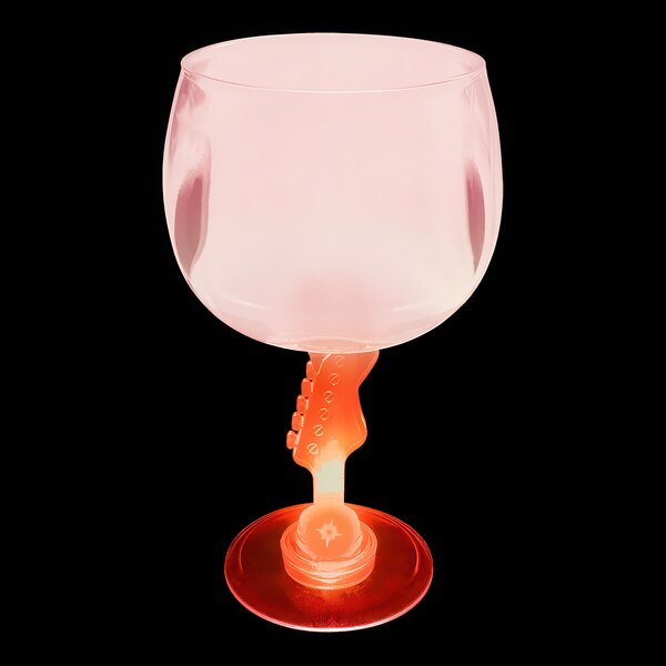 A close up of a 12 oz. plastic guitar stem goblet with a red stem.