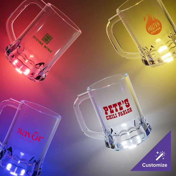 A clear plastic mug with a handle and a blue LED light.