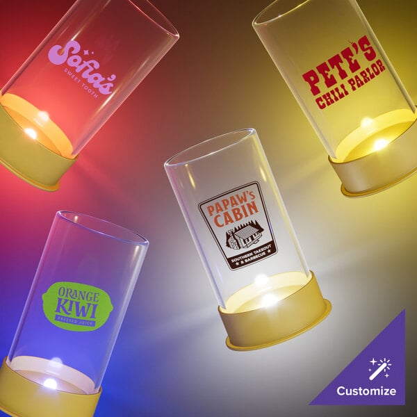A customizable plastic shot cup with a blue LED light.
