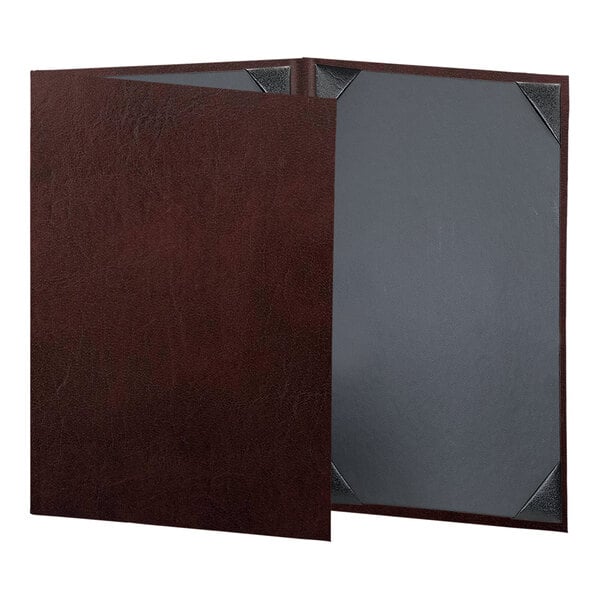 A brown leather menu cover with black corners.