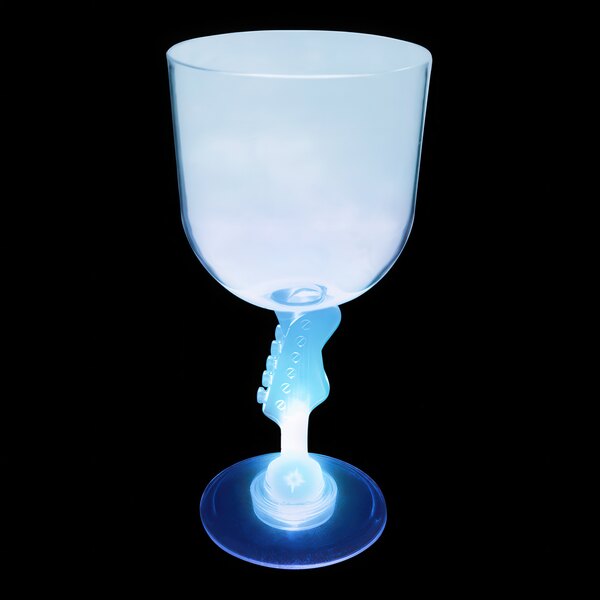 A close-up of a clear plastic guitar stem goblet with a blue LED light inside.
