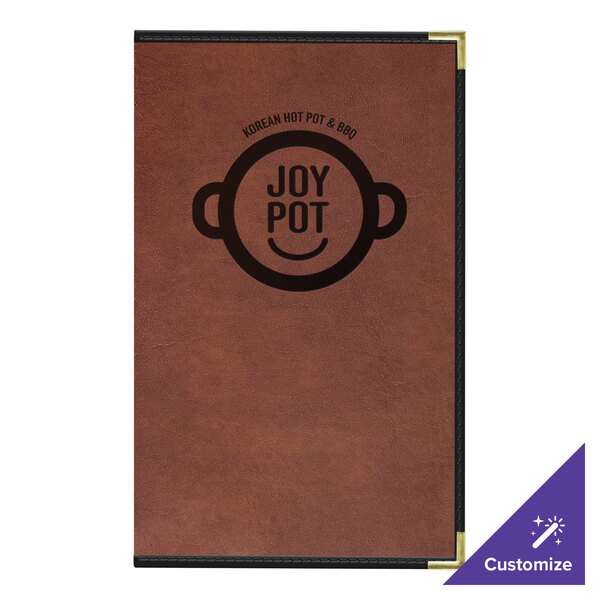 A brown H. Risch, Inc. leather menu cover with a logo of a pot.