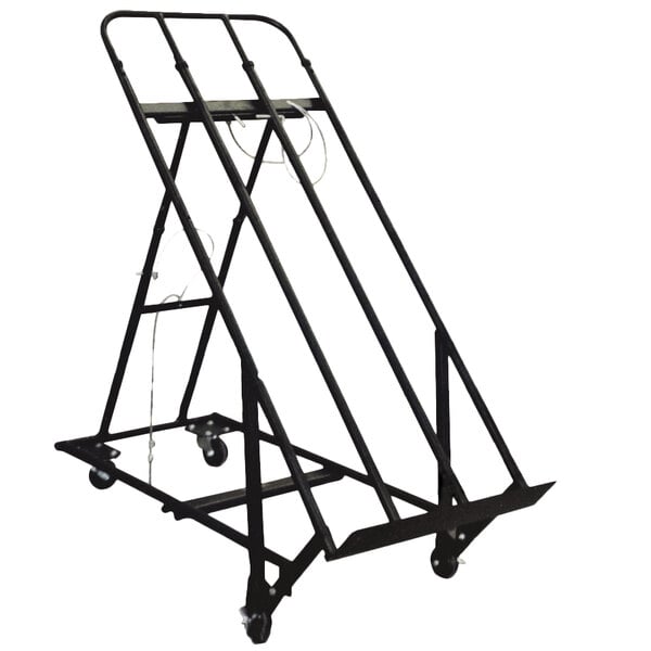 A black metal frame with wheels.