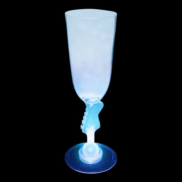 A close-up of a customizable plastic guitar stem champagne cup with a blue LED light on it.