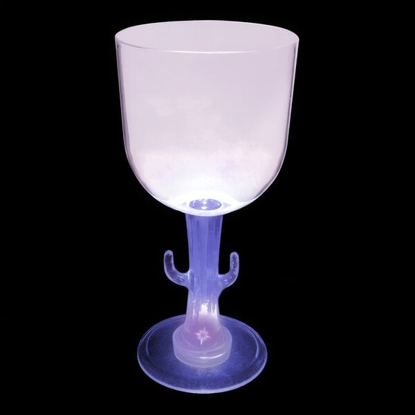 A close-up of a 14 oz. plastic cactus stem goblet with a purple LED light.