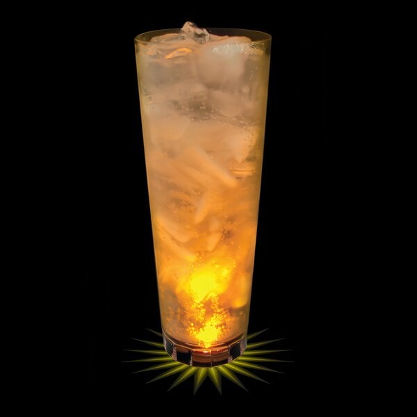 A 24 oz. plastic cup with ice and a yellow LED light inside.