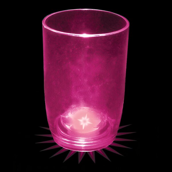 A customizable pink plastic stemless wine cup with a pink LED light inside.