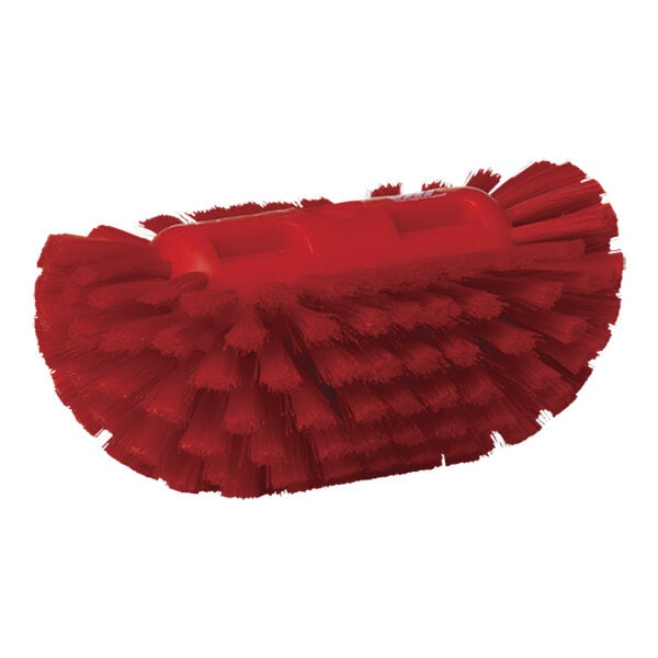 A close-up of a Vikan red tank brush head with medium stiff bristles.