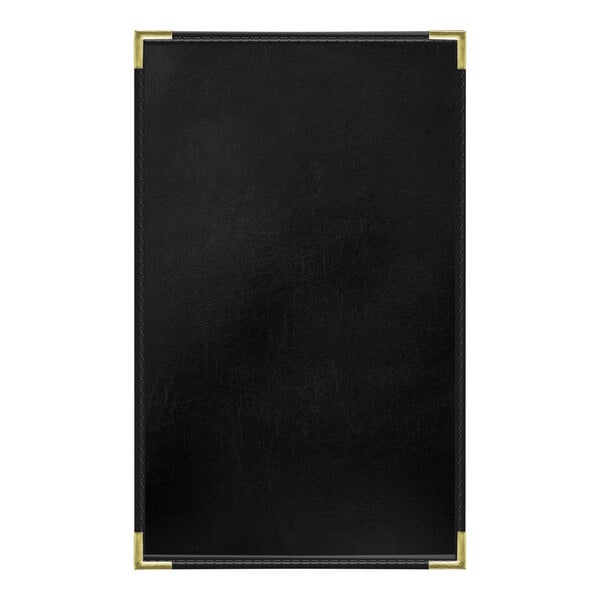 A black leather rectangular menu cover with gold corners.